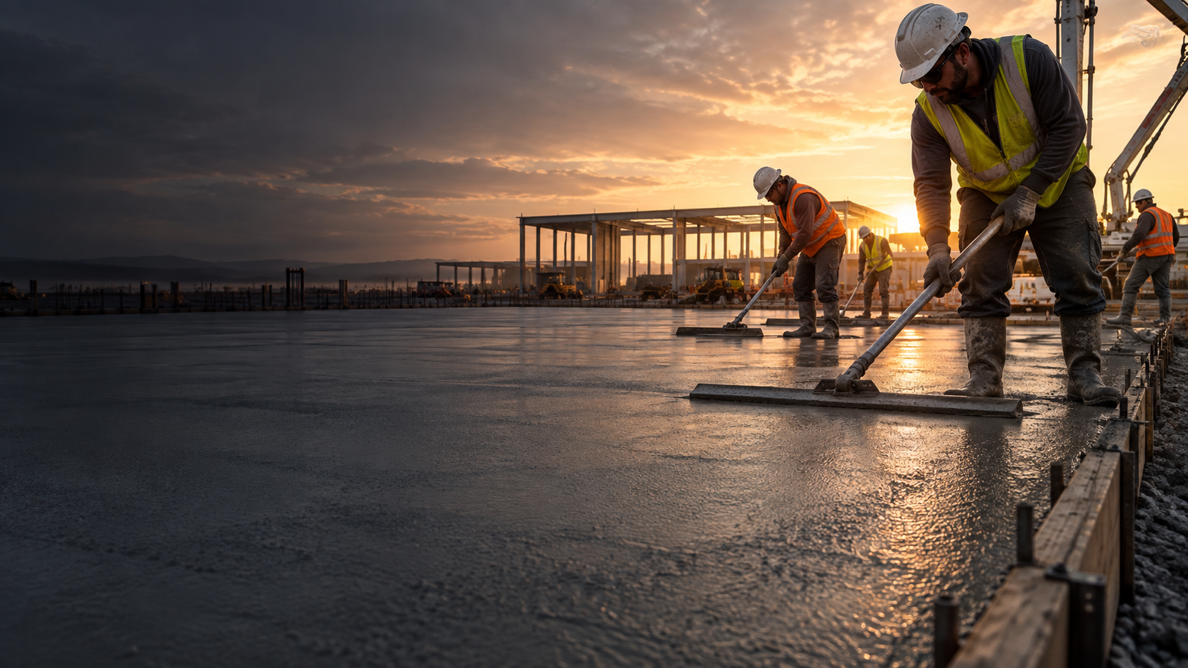 Concrete professionals finishing a fresh slab at an active jobsite